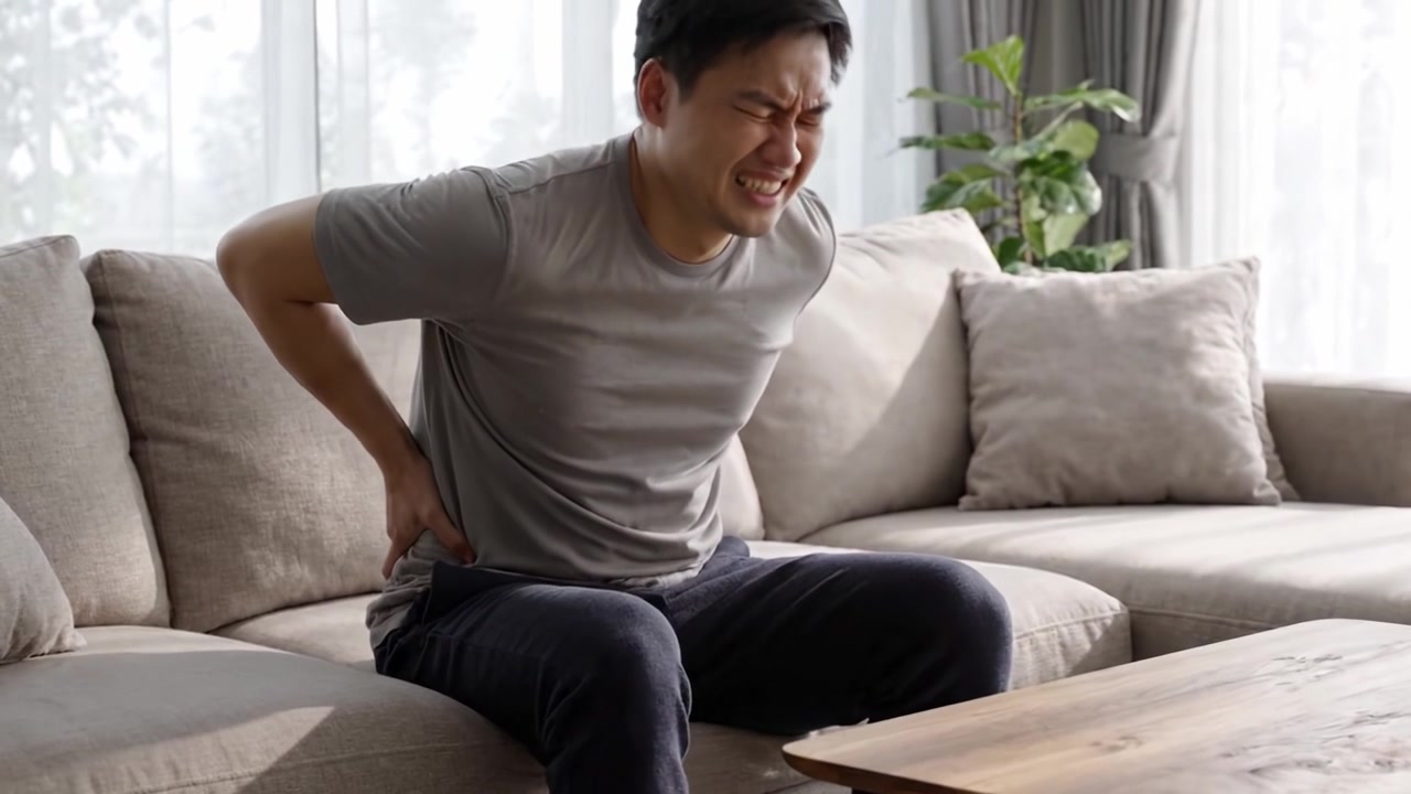 A Man Struggling with Lower Back Pain While Sitting on a Couch, Demonstrating Uncomfortability and Physical Discomfort in a Home Environment