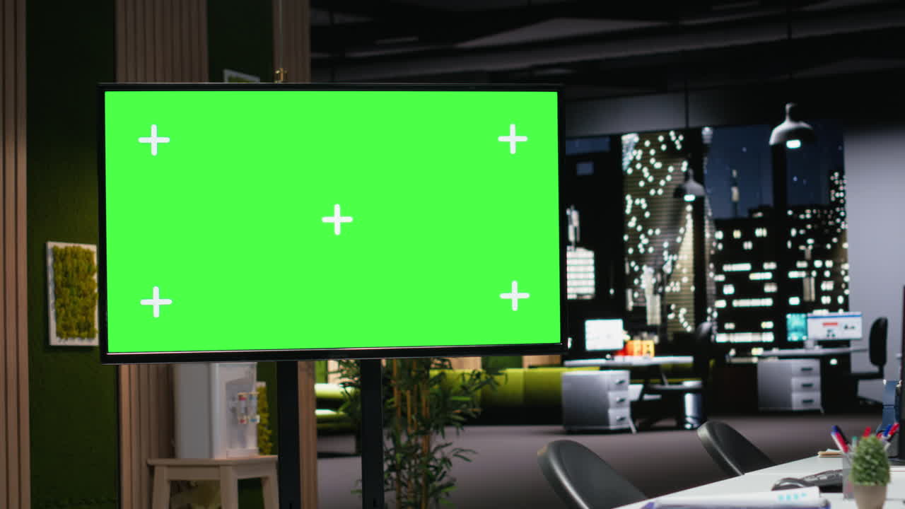 Schermo verde in un ufficio moderno vuoto di notte