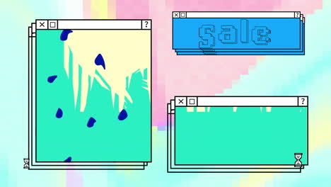 animation of sale text, abstract pattern and turquoise on windows over pastel desktop