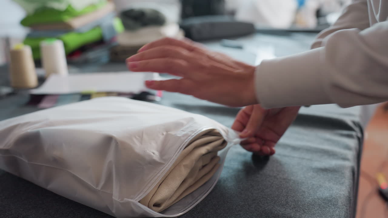 Seamstress zips transparent bag around neatly folded beige sleeveless jacket on worktable inside bright sewing studio, showcasing careful packaging stage of garment production process
