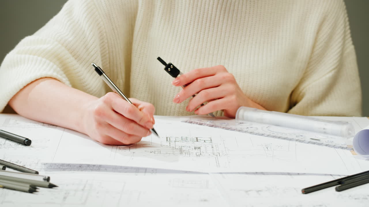 Architect or Engineer Working on Blueprints with Drafting Tools