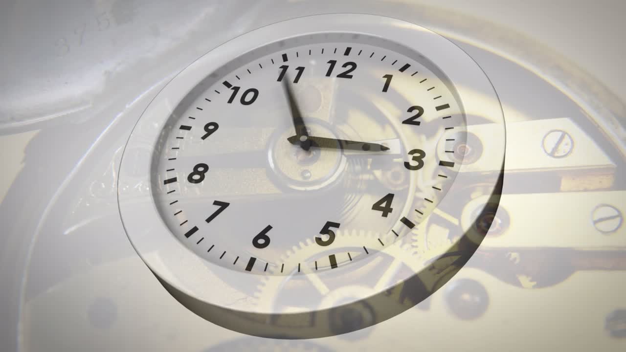 Animation of clock moving fast with arrows over globe with numbers over hands