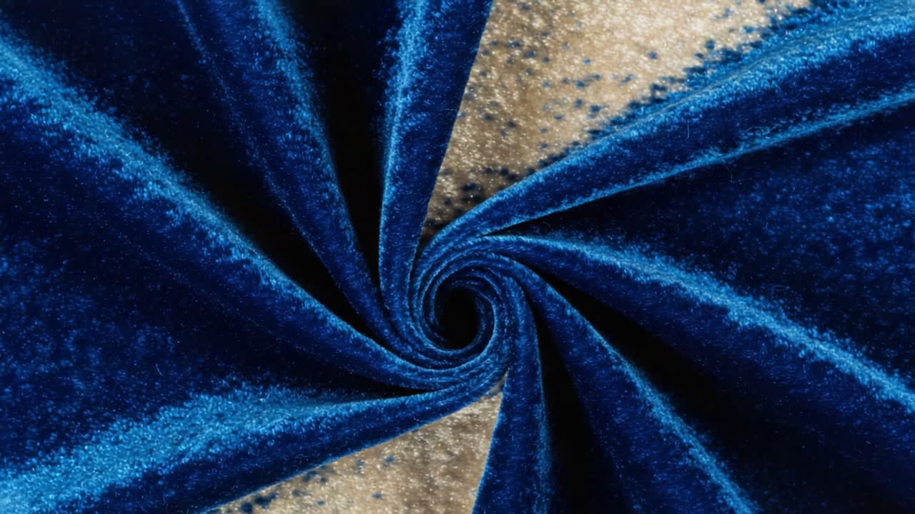 Captivating Twist of Velvet Fabric Showcasing Rich Blue and Gold Patterns in a Spinning Design Creating an Elegant and Lush Visual Experience