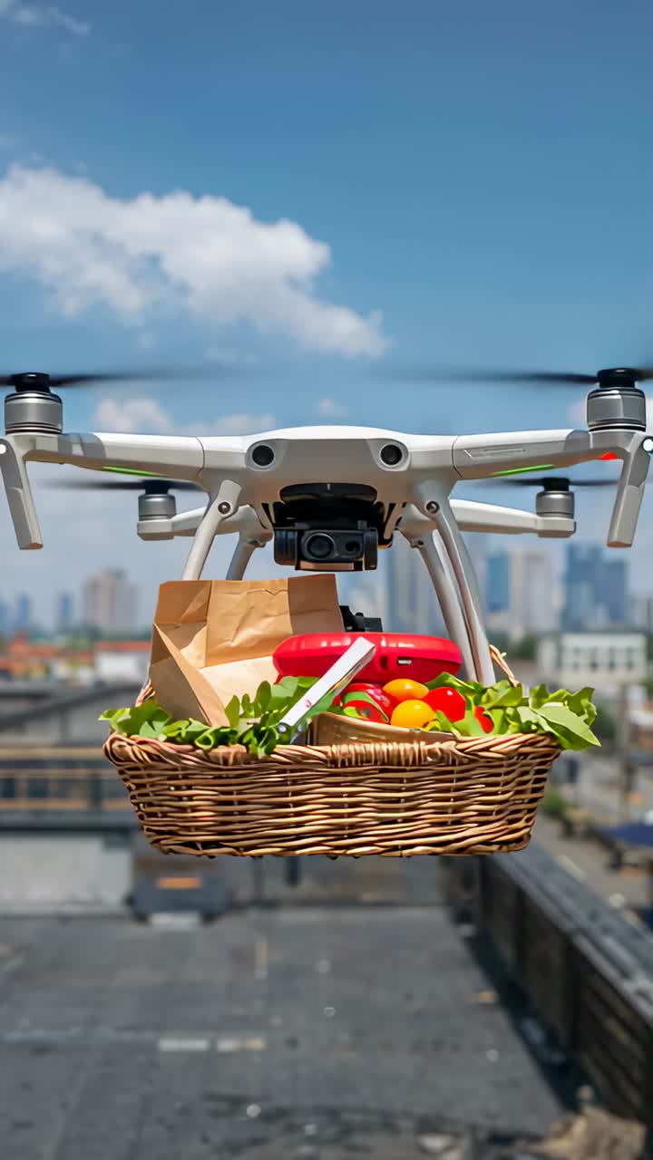 Vertical video: Rotors spinning lifting drone off rooftop hauling wicker basket to drop with gimbal