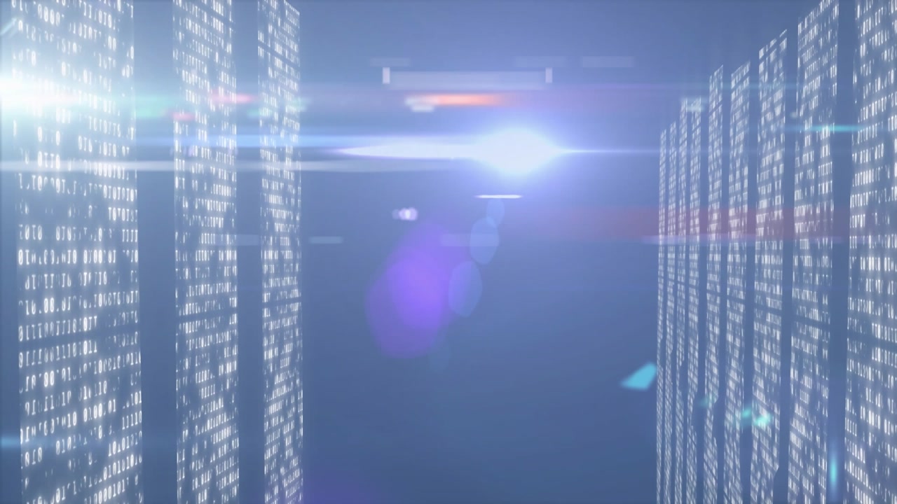 Bright lens flare glowing center, binary panels lighting sides, light streaks crossing dark blue