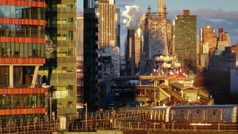 aerial view of the subway in queens. shot on an autumn morning in new york city