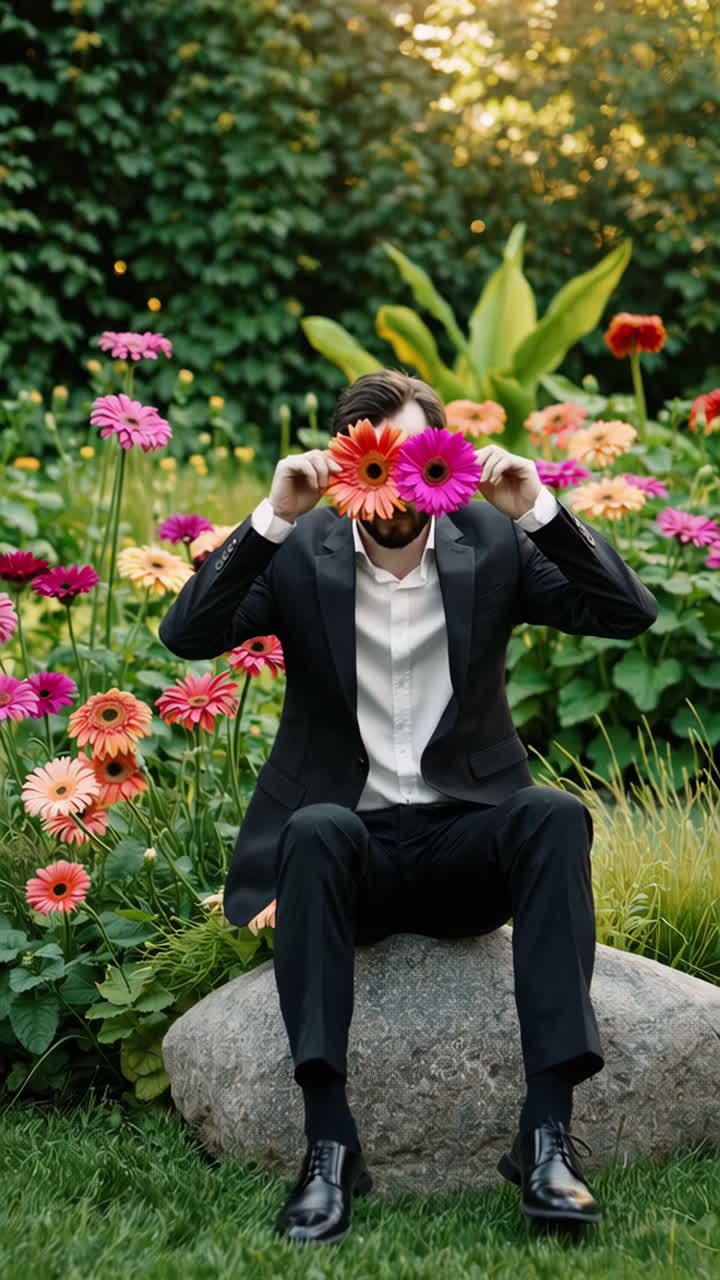 Man Holding Flowers Over Eyes in a Colorful Garden