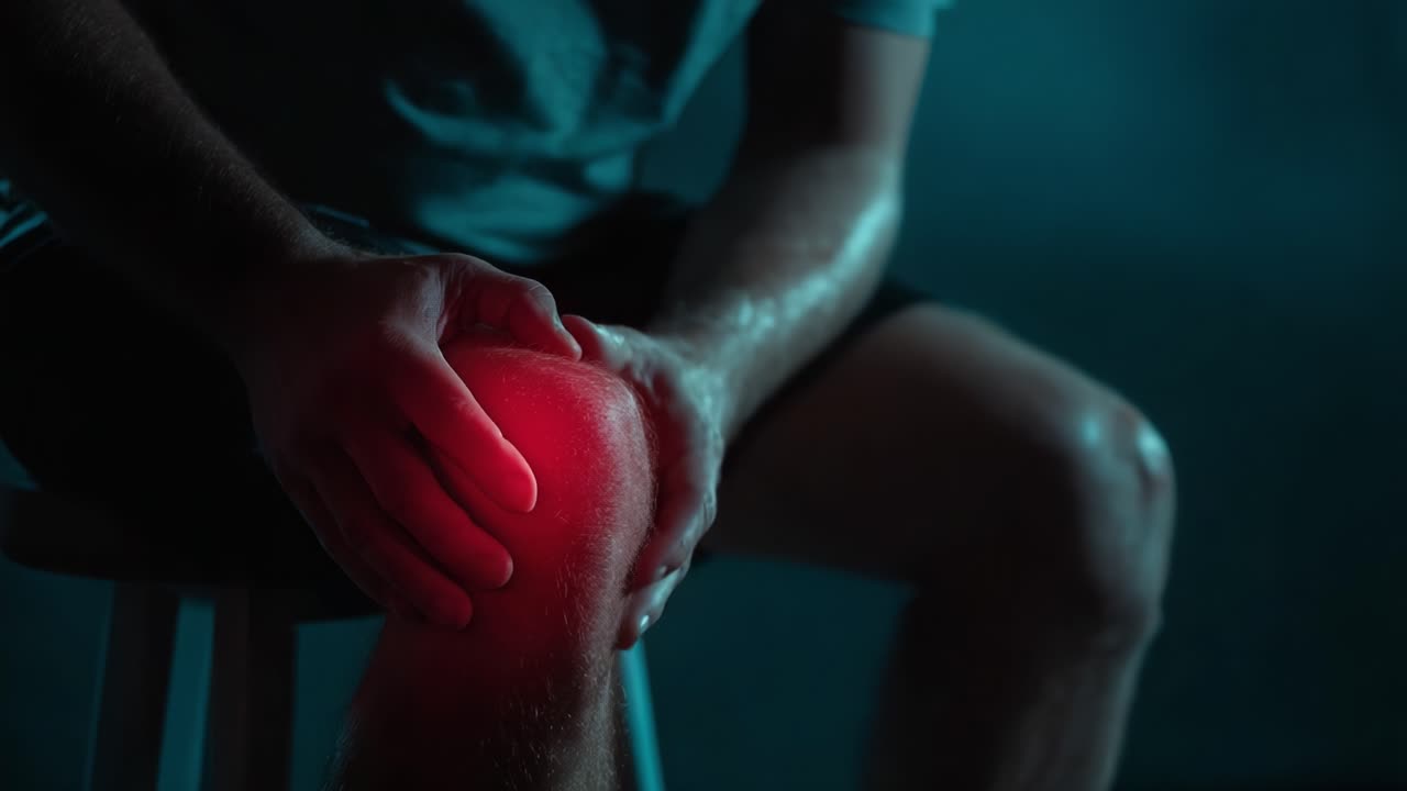 Primo piano di una persona che si tiene un ginocchio per il dolore, che evidenzia la gravità del fastidio o della lesione in condizioni di illuminazione drammatica