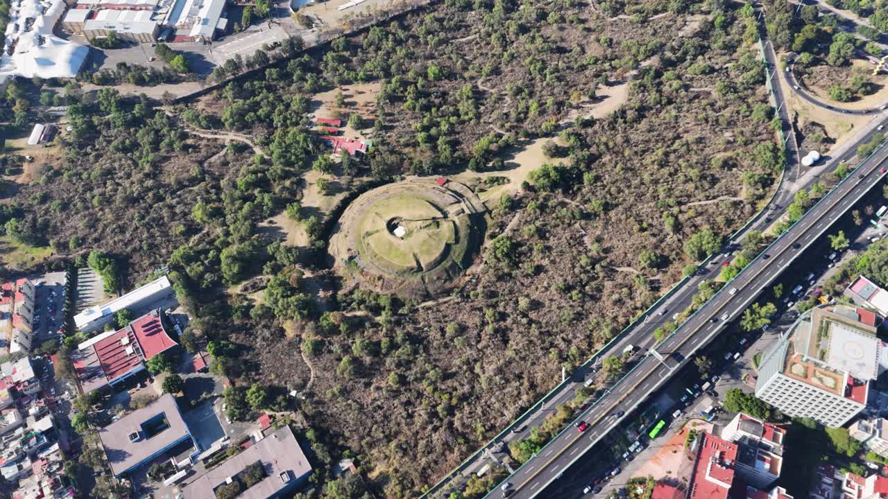 Cuicuilco pyramid, south of Mexico City, seen from a drone