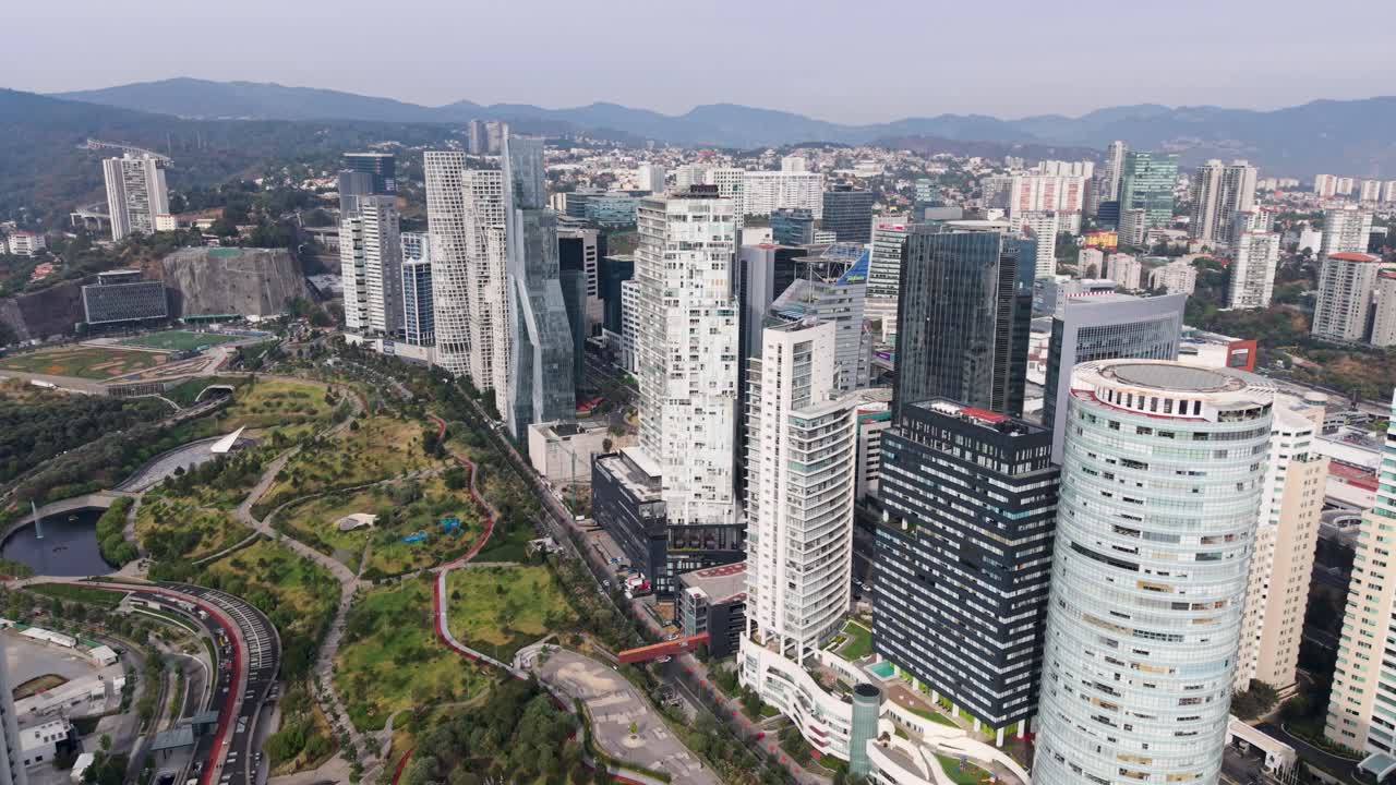 Panoramic drone view of Santa Fe, Mexico City. La Mexicana Park and buildings