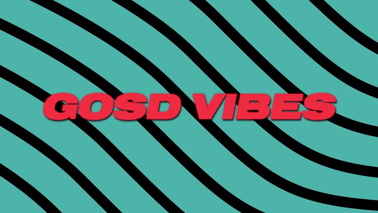 Animazione del testo "good vibes" in rosso, con glitch su strisce curve verdi e nere.