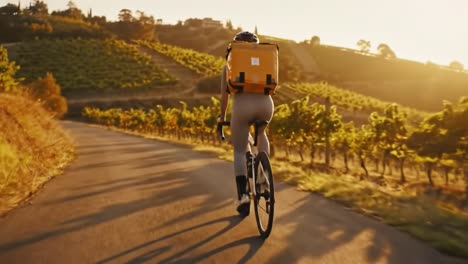 a cyclist rides along a winding road surrounded by beautiful vineyards at sunset. the warm light enhances the tranquil atmosphere as the rider transports goods.