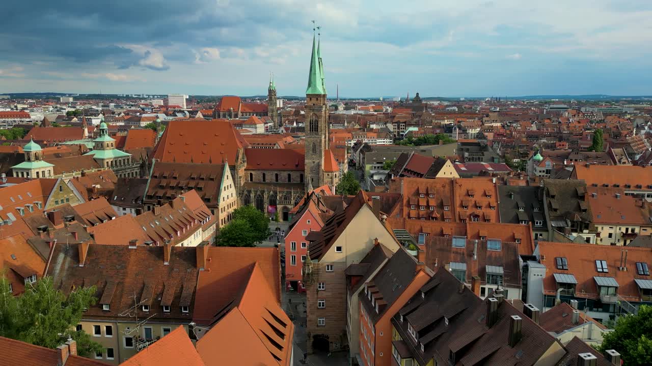 4K Aerial Drone Video of the Copper-clad Cupolas on the Beautiful Sebalduskirche Church in Downtown Nurnberg, Germany
