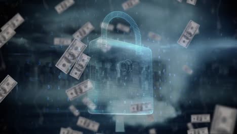 animation of security padlock over clouds and falling dollar banknotes