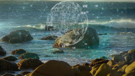 digital code animation over rocky ocean shoreline with waves crashing