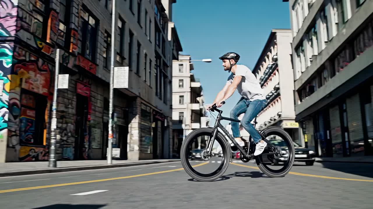 Side angle video of a cyclist riding past a vibrant graffiti wall, capturing urban street art
