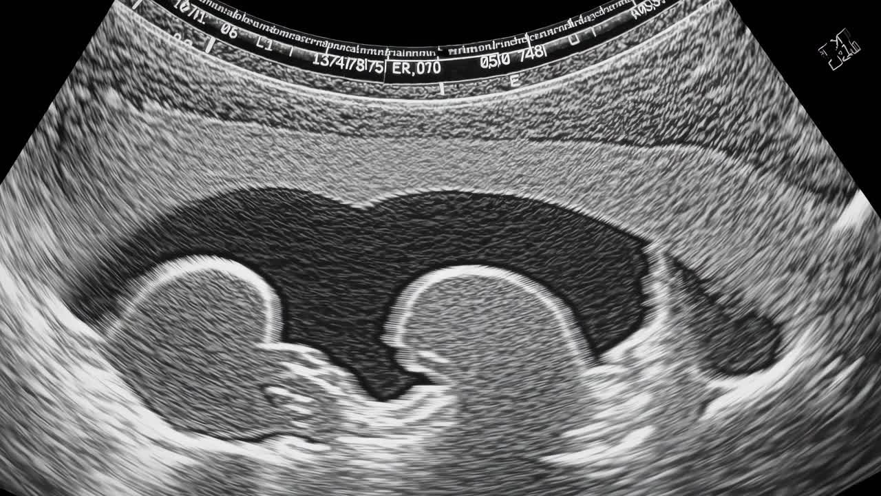 Ecografia che mostra una vista laterale dettagliata di un feto, simile a un fotogramma video
