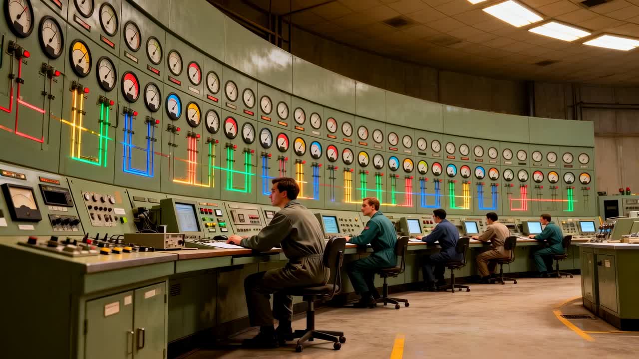 Monitoring team in control room in uniforms checking gauges typing and adjusting panels on console