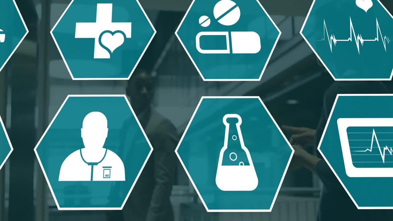 다양한 사업가들이 사무실에 있는 의료 아이콘의 애니메이션.