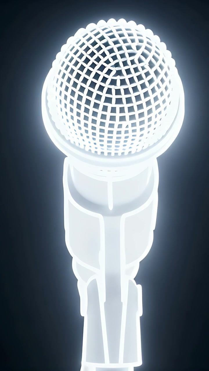 Video verticale: Microfono al neon animato che ruota verso la telecamera in studio, mostrando clip, supporto e griglia