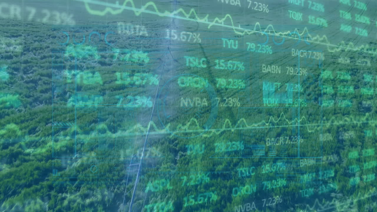 Pivot irrigation system watering crop rows while financial data overlays moving across field