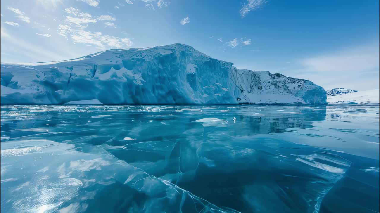 Ice floes and thin layer of ice floating on turquoise arctic ocean with huge glacier reflecting on water surface under blue sky with some clouds