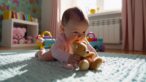 baby playing with teddy bear