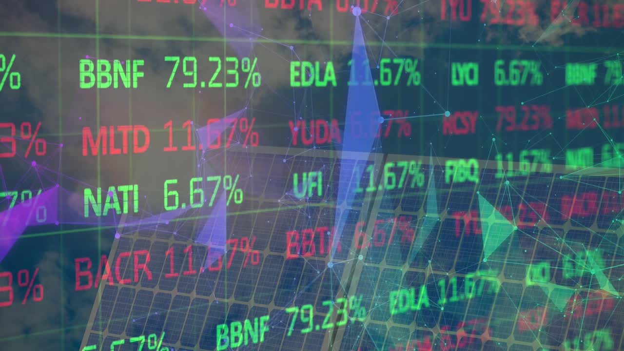 태양열 패널 위의 금융 데이터와 그래프의 애니메이션