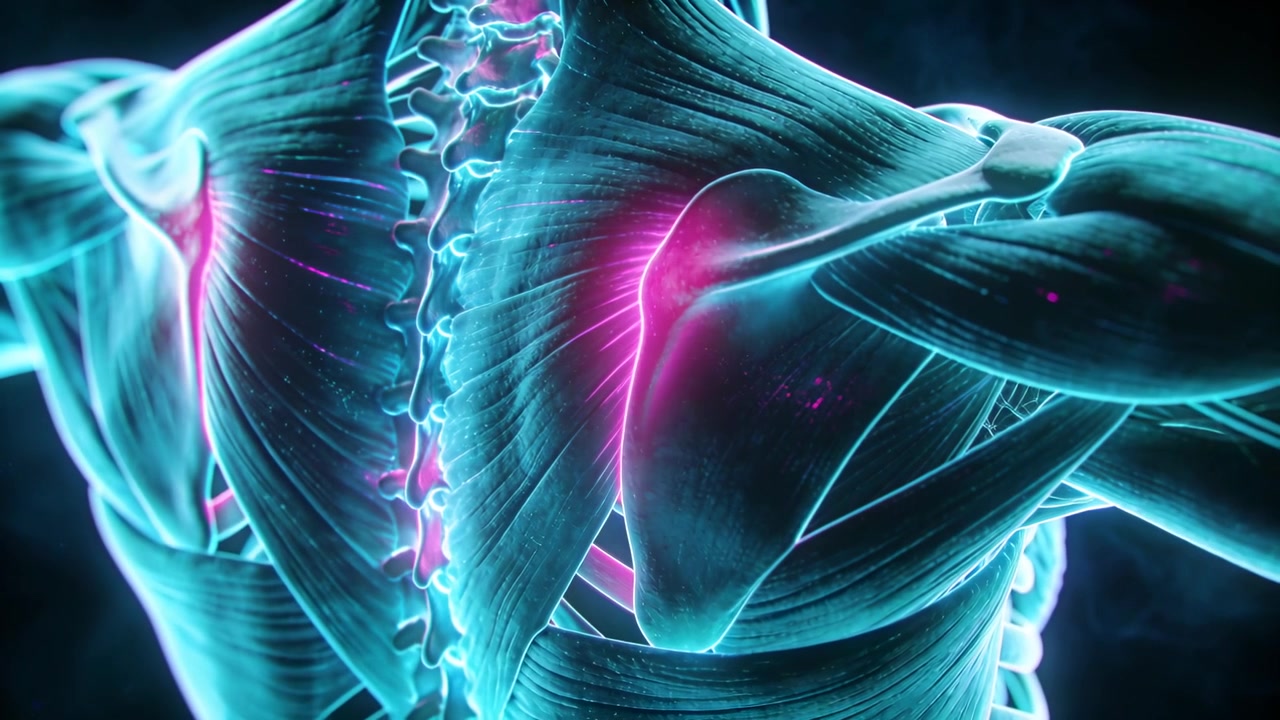 Modello 3D del torso con bagliore magenta che appare, ruota in un ologramma mostrando una patologia della scapola.