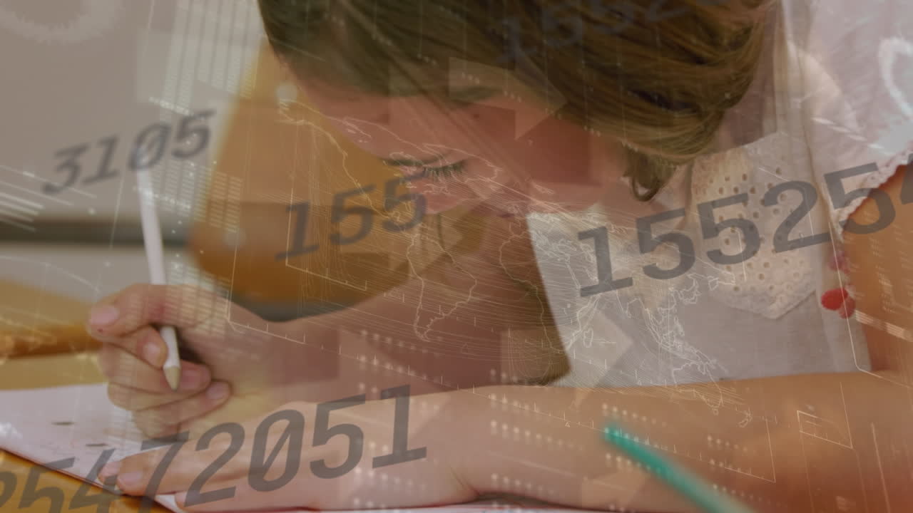 animación del globo y procesamiento de datos sobre escolar caucásica trabajando en el aula