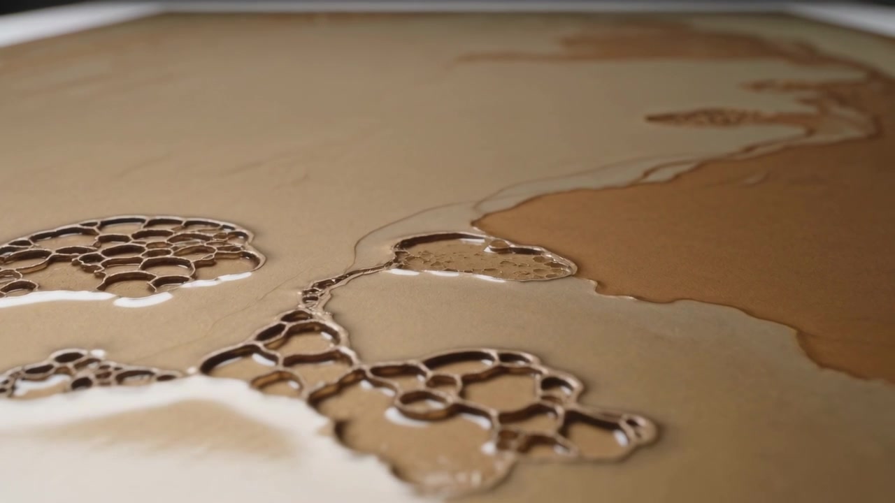 Expanding bubble clusters on shallow brown liquid spreading in rectangular tray over time