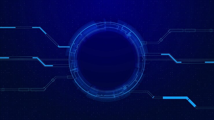 Immagine di interfaccia ad anello tecnologico ciano con centro circolare scuro, percorsi di circuito e campo a griglia blu stellato