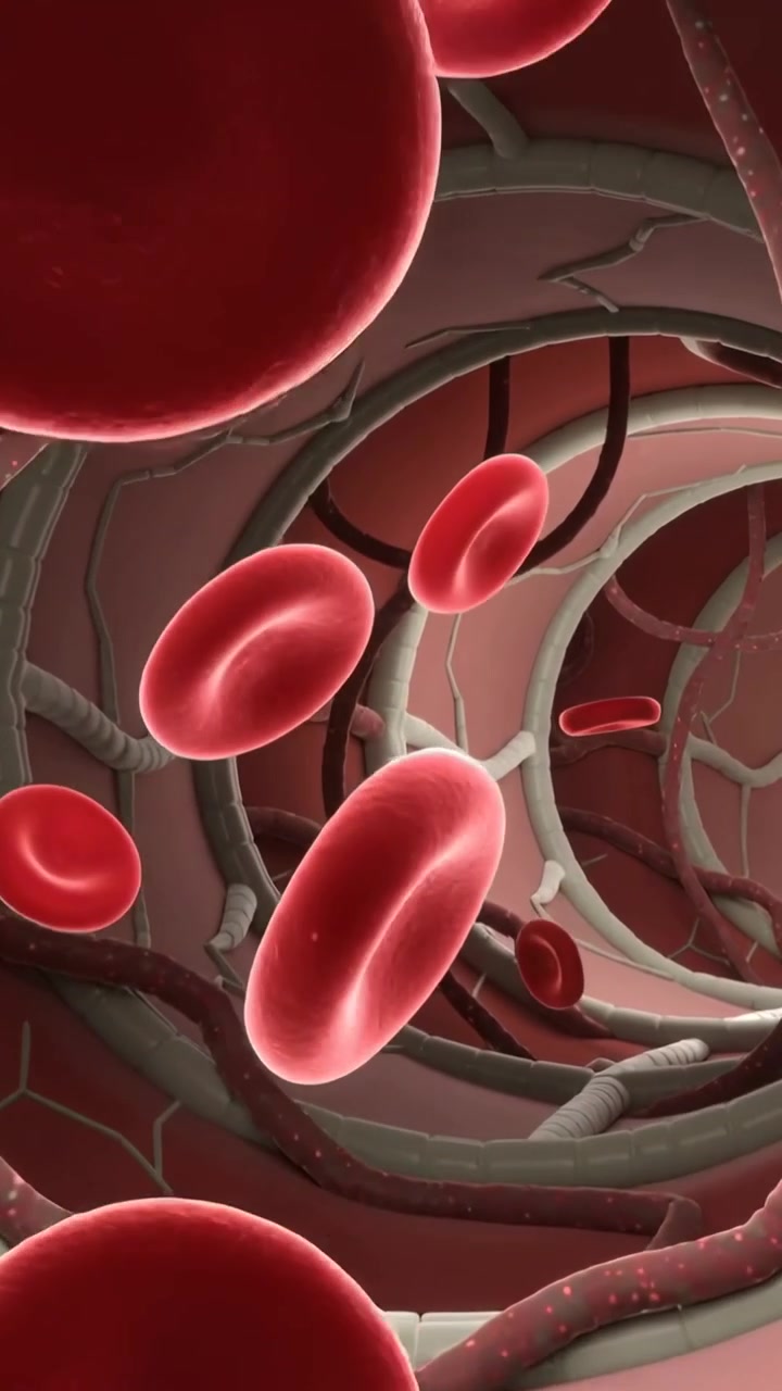 Vertical video: Shifting camera showing red blood cells moving through lumen, flow driving tubes