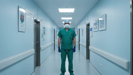 a healthcare professional in scrubs stands confidently in a modern hospital corridor. the setting features clean blue walls and bright lighting, typical of a well-maintained medical facility. wearing a mask and gloves, the professional prepares to attend to patients. this visual captures the dedicat