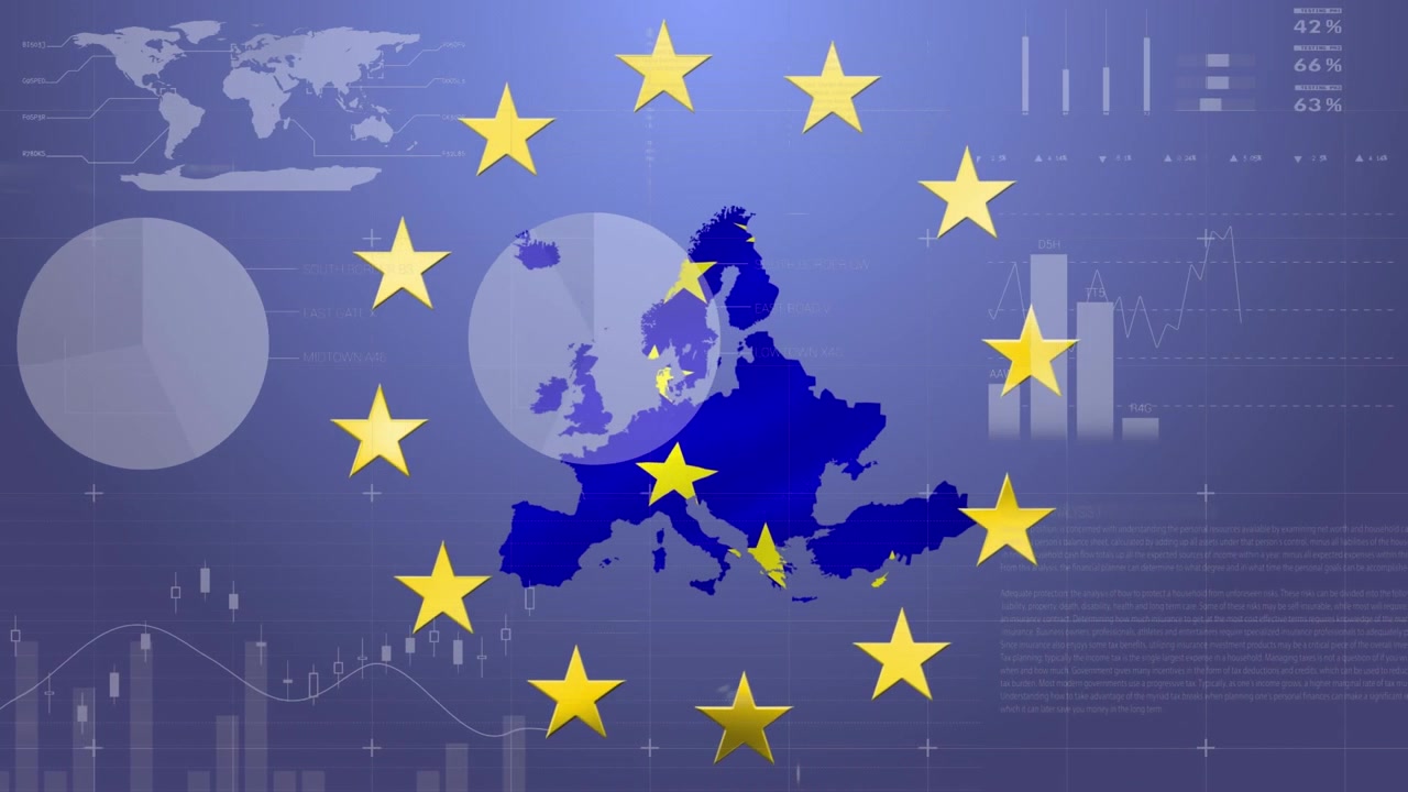 Animazione di elaborazione dati su bandiera UE