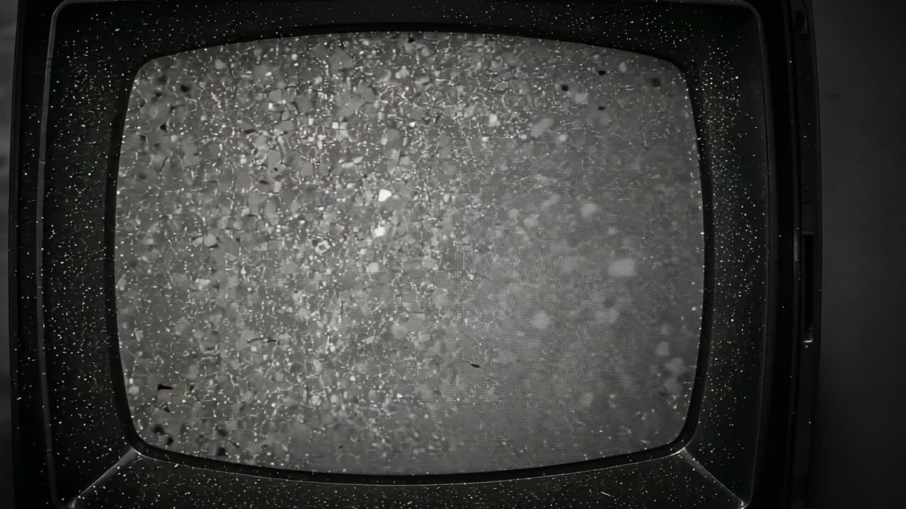 Zoom della telecamera su un televisore CRT antico che rivela un rumore statico più denso per uno studio ravvicinato in un ambiente di studio scarsamente illuminato