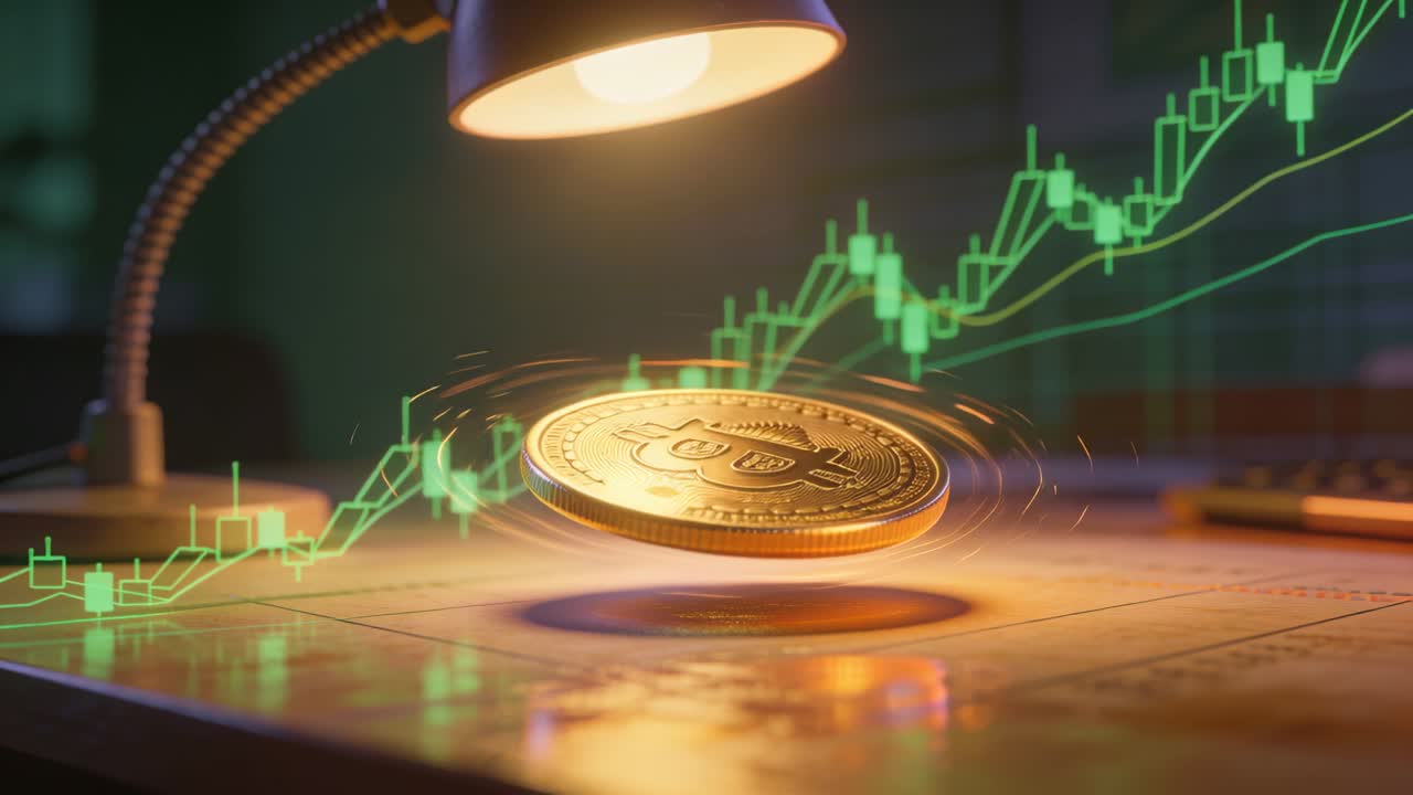 Una moneta BTC d'oro che gira reagisce a un grafico in aumento, scendendo sulla scrivania sotto una lampada calda e proiettando un'ombra.