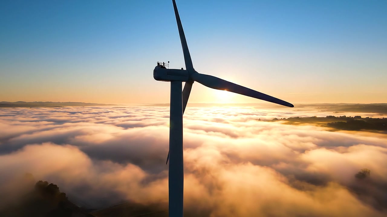Windkraftanlage ragt über nebliger Landschaft während des goldenen Sonnenaufgangs auf