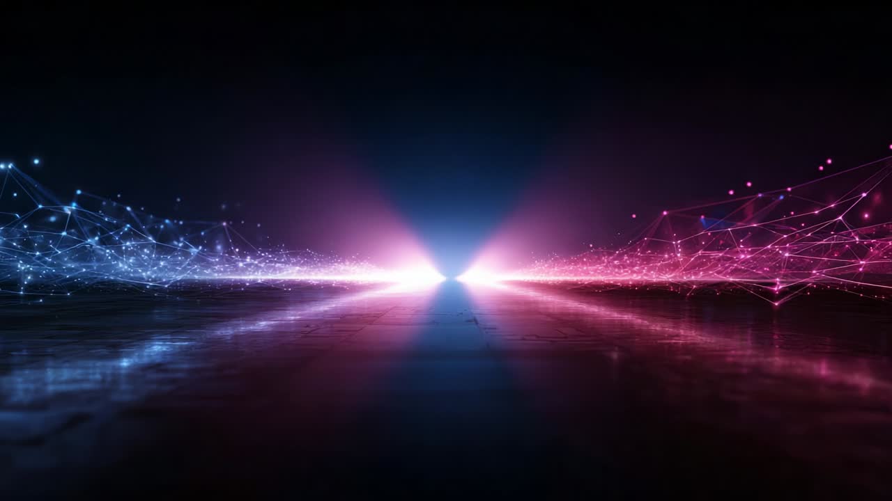 A Spectacular Visualization of Digital Connectivity: A Stunning Contrast Between Blue and Pink Light Effects Illustrating the Flow of Data and Information in a Modern, Technological Landscape