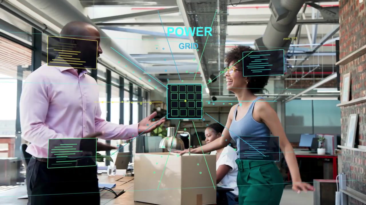 Uomo che entra e cammina, donna che lo segue trasportando scatole, con HUD POWER GRID visibile, che aiuta la configurazione del team