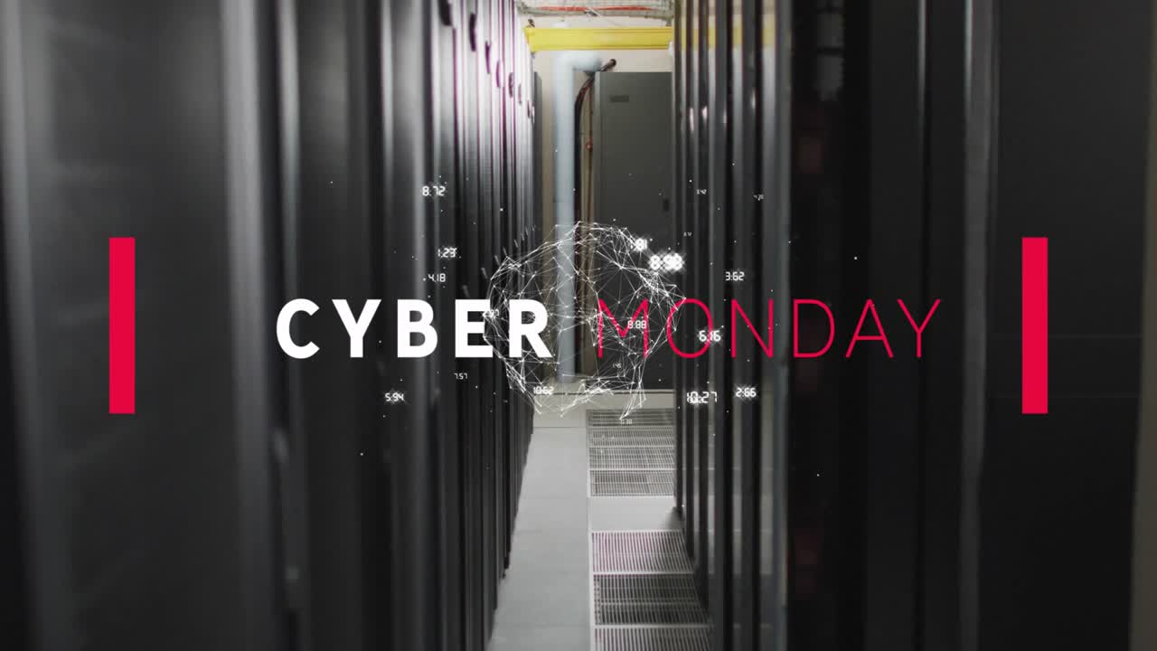 Rødt rektangel blinker, startbogstaver glider og wireframe-sfære pulserer, danner Cyber Monday