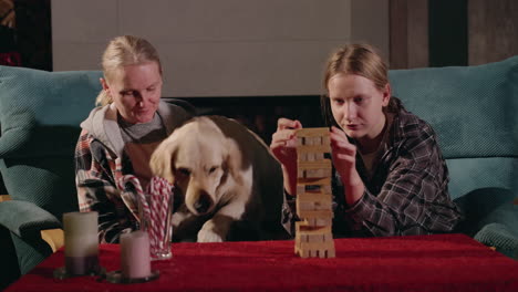 familie spielt jenga mit dem hund