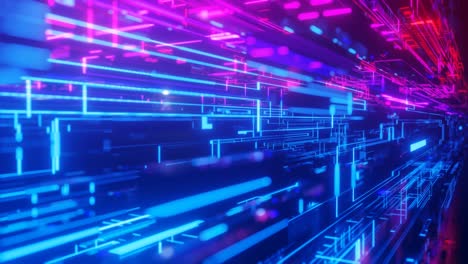 pattern like sci-fi hologram. fly through technology cyberspace with neon glow. sci-fi flight through hi-tech technology tunnel. glow line. 3d looped seamless 4k bright bg. data flow. blocks