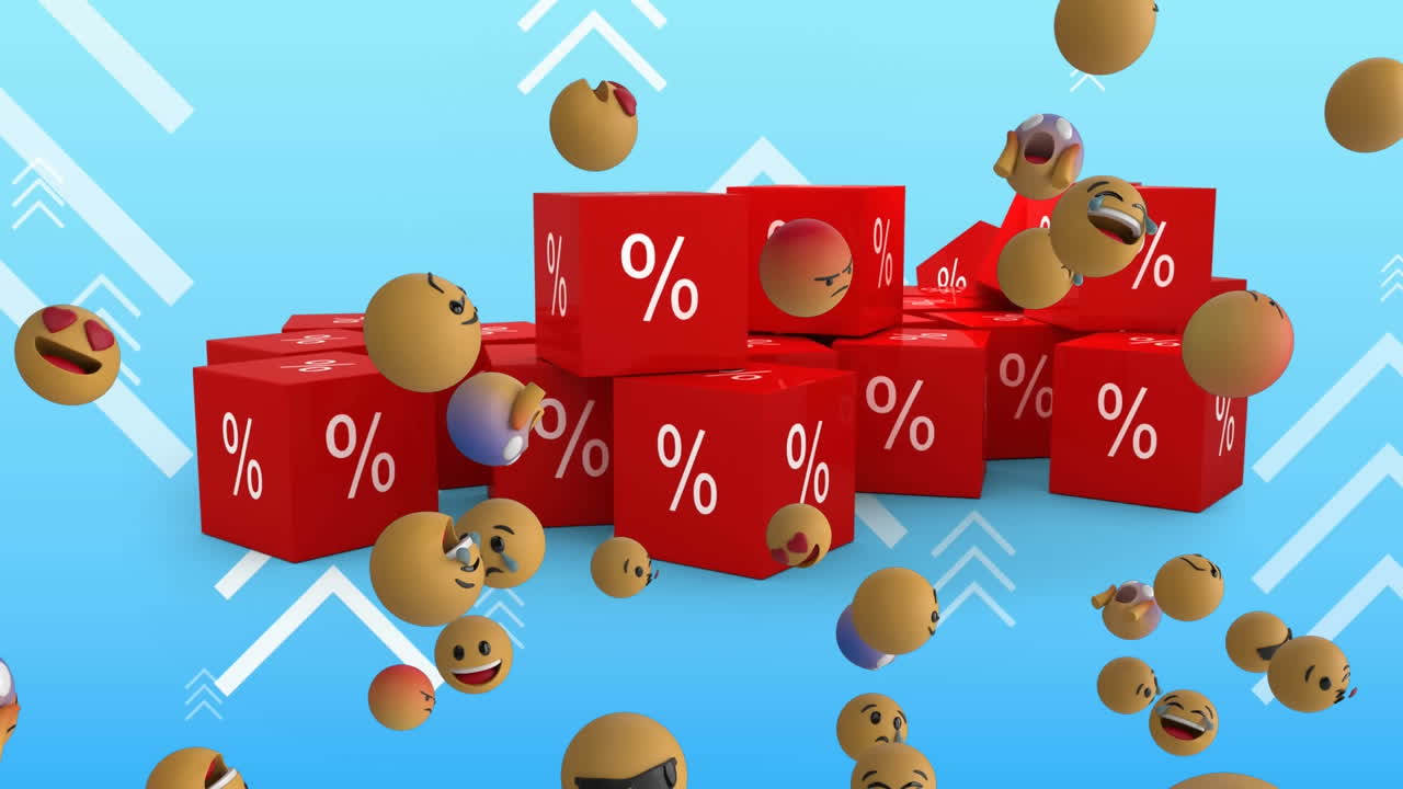 animación digital de varios emojis de cara flotando sobre el signo de porcentaje en múltiples bloques rojos