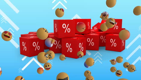 animación digital de varios emojis de cara flotando sobre el signo de porcentaje en múltiples bloques rojos