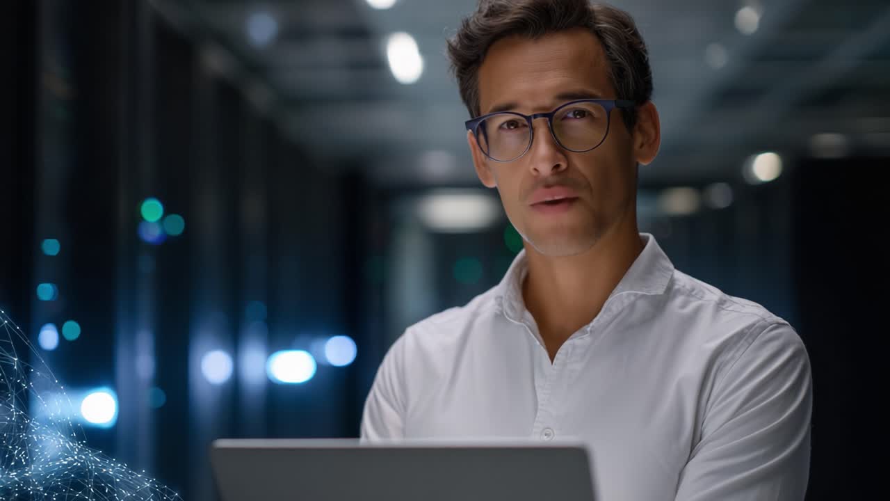 Confident Professional Engaged with Technology in a Dimly Lit Modern Workspace, Merging Innovation and Modern Aesthetics with a Touch of Future Vision