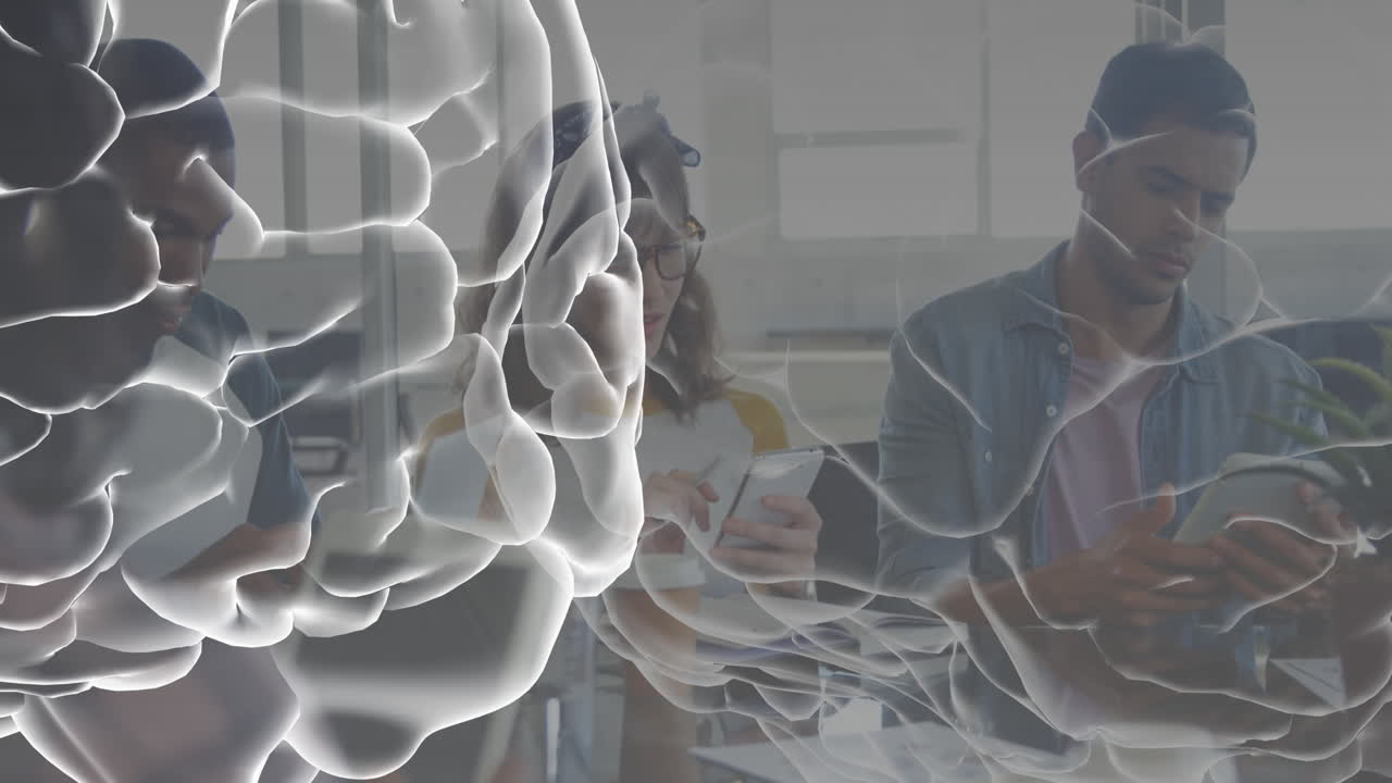 animación del cerebro sobre diversas personas de negocios en la oficina