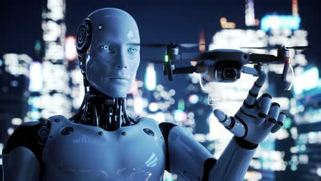 a futuristic scene featuring a sophisticated robot interacting with a high-tech drone against a vibrant city skyline at night