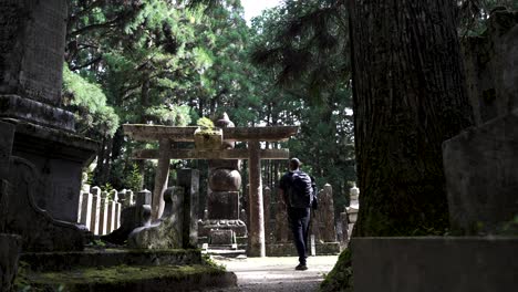 solo male backpacker exploring koyasan forest walking towards stone torii gate