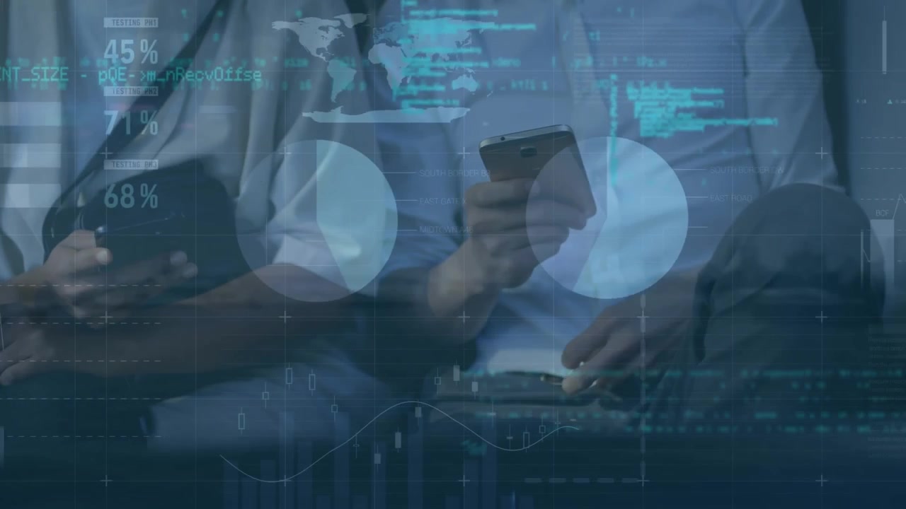 Business Professionals Using Smartphones with Digital Data Overlay
